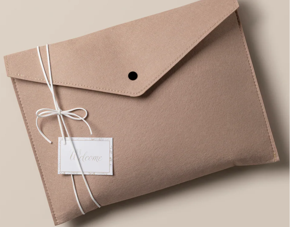 Felt welcome envelope with bow and calligraphy tag